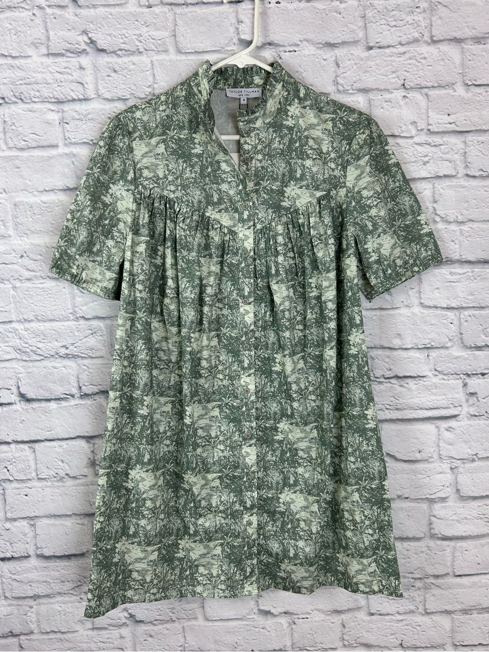 Taylor Tillman Violet Dress Small Jungle Toile Green Cotton Button Front Mini